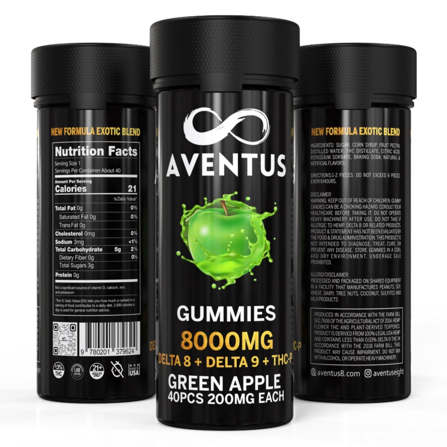8000mg AVENTUS8 GUMMIES GREEN APPLE DELTA 8 + DELTA 9 + THC-P  STRONG EXOTIC BLEND