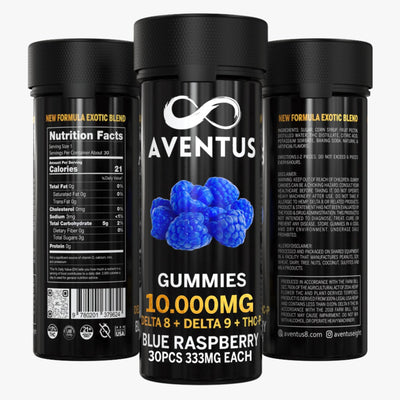 10000mg AVENTUS8 GUMMIES BLUE RASPBERRY DELTA 8 + DELTA 9 + THC-P  STRONG EXOTIC BLEND