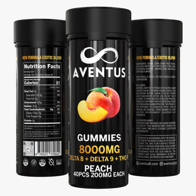 8000mg AVENTUS8 GUMMIES PEACH DELTA 8 + DELTA 9 + THC-P  STRONG EXOTIC BLEND