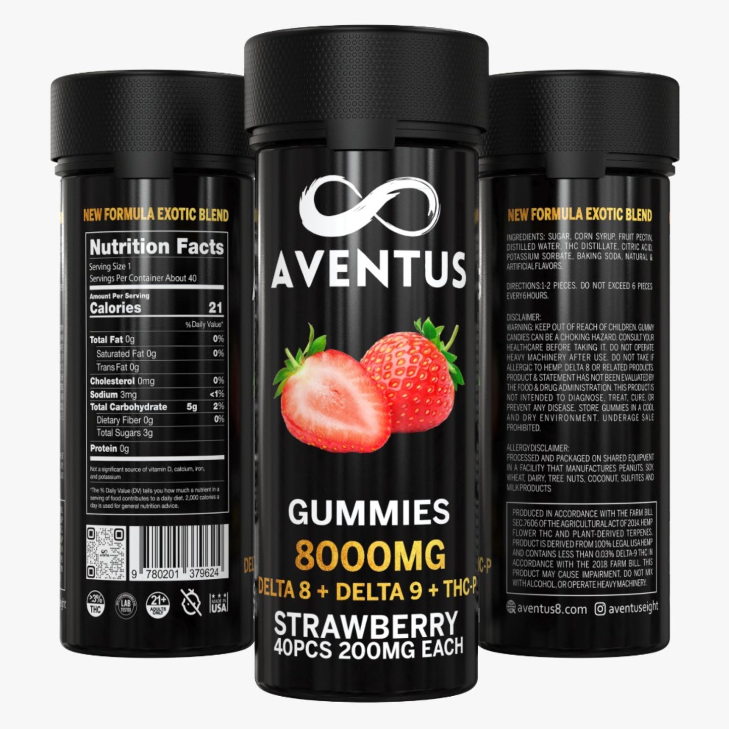 8000mg AVENTUS8 GUMMIES STRAWBERRY DELTA 8 + DELTA 9 + THC-P  STRONG EXOTIC BLEND