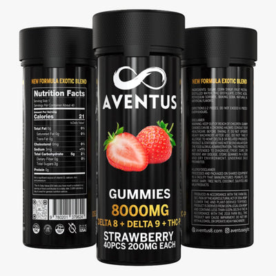 8000mg AVENTUS8 GUMMIES STRAWBERRY DELTA 8 + DELTA 9 + THC-P  STRONG EXOTIC BLEND