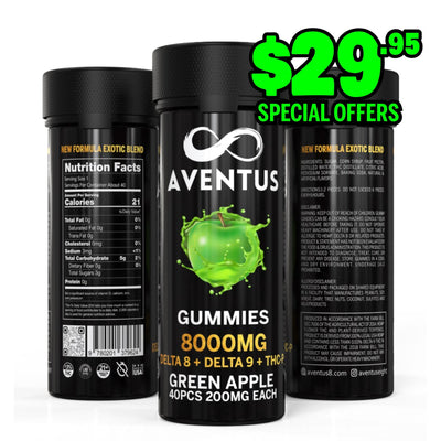 8000mg AVENTUS8 GUMMIES GREEN APPLE DELTA 8 + DELTA 9 + THC-P  STRONG EXOTIC BLEND