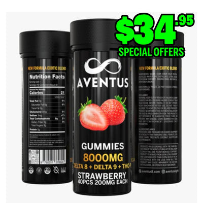8000mg AVENTUS8 GUMMIES STRAWBERRY DELTA 8 + DELTA 9 + THC-P  STRONG EXOTIC BLEND