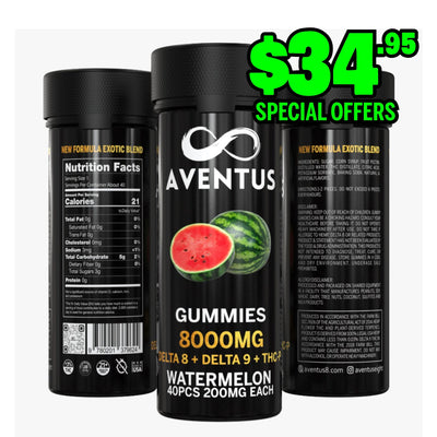 8000mg AVENTUS8 GUMMIES WATERMELON DELTA 8 + DELTA 9 + THC-P  STRONG EXOTIC BLEND