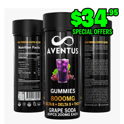 8000mg AVENTUS8 GUMMIES GRAPE SODA DELTA 8 + DELTA 9 + THC-P  STRONG EXOTIC BLEND
